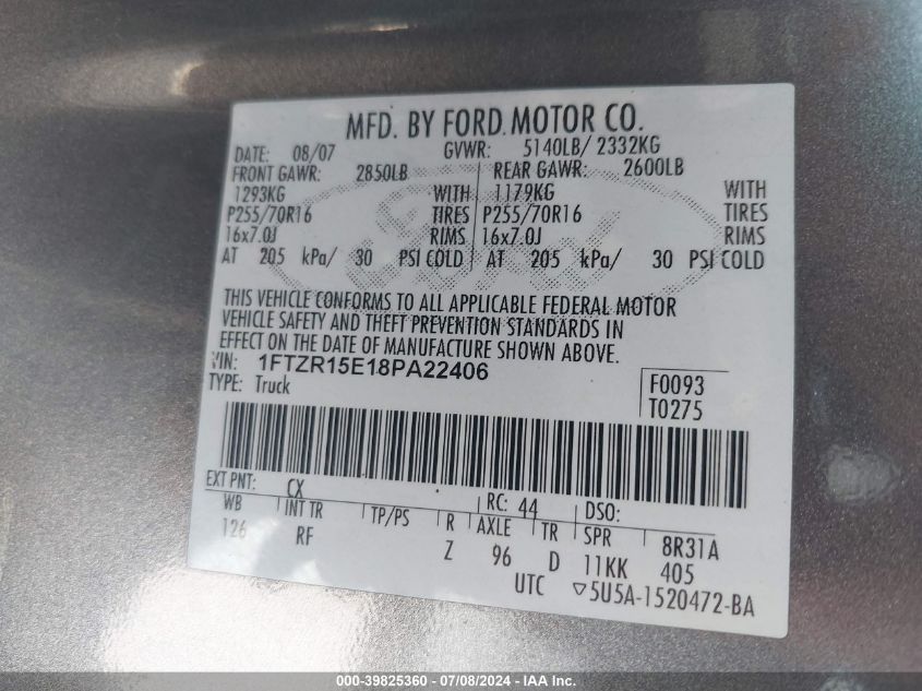 2008 Ford Ranger Fx4 Off-Road/Sport/Xl/Xlt VIN: 1FTZR15E18PA22406 Lot: 39825360
