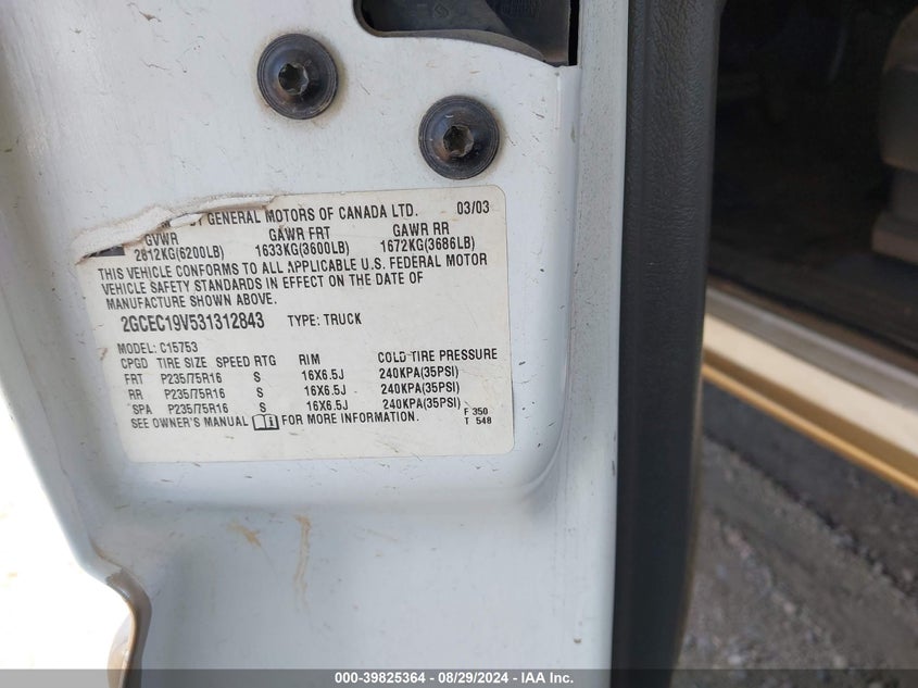 2003 Chevrolet Silverado 1500 Ls VIN: 2GCEC19V531312843 Lot: 39825364