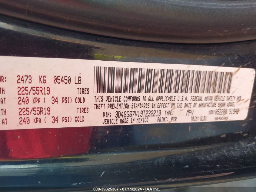 2009 Dodge Journey R/T VIN: 3D4GG67V19T232219 Lot: 39825367