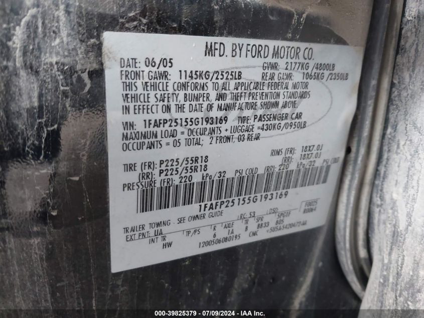 2005 Ford Five Hundred Limited VIN: 1FAFP25155G193169 Lot: 39825379