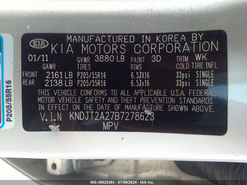 2011 Kia Soul + VIN: KNDJT2A27B7278623 Lot: 39825383