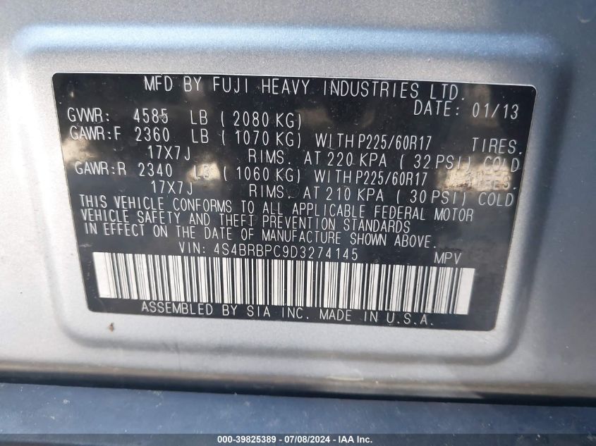 2013 Subaru Outback 2.5I Limited VIN: 4S4BRBPC9D3274145 Lot: 39825389