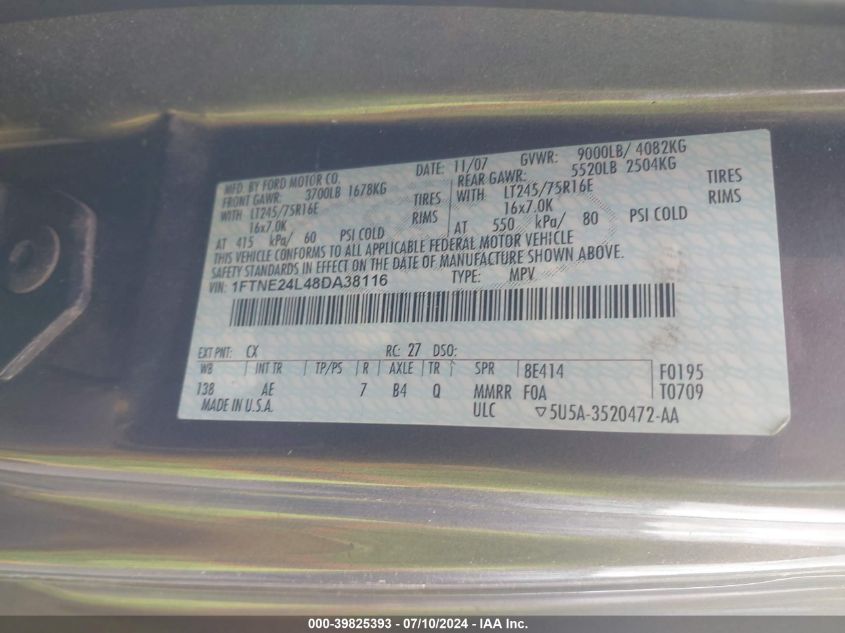 2008 Ford Econoline E250 Van VIN: 1FTNE24L48DA38116 Lot: 39825393