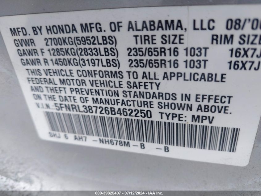 2006 Honda Odyssey Ex-L VIN: 5FNRL38726B462250 Lot: 39825407