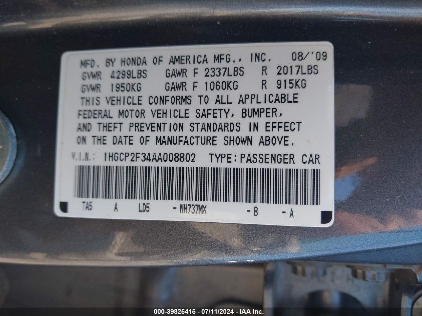 2010 Honda Accord 2.4 Lx VIN: 1HGCP2F34AA008802 Lot: 39825415