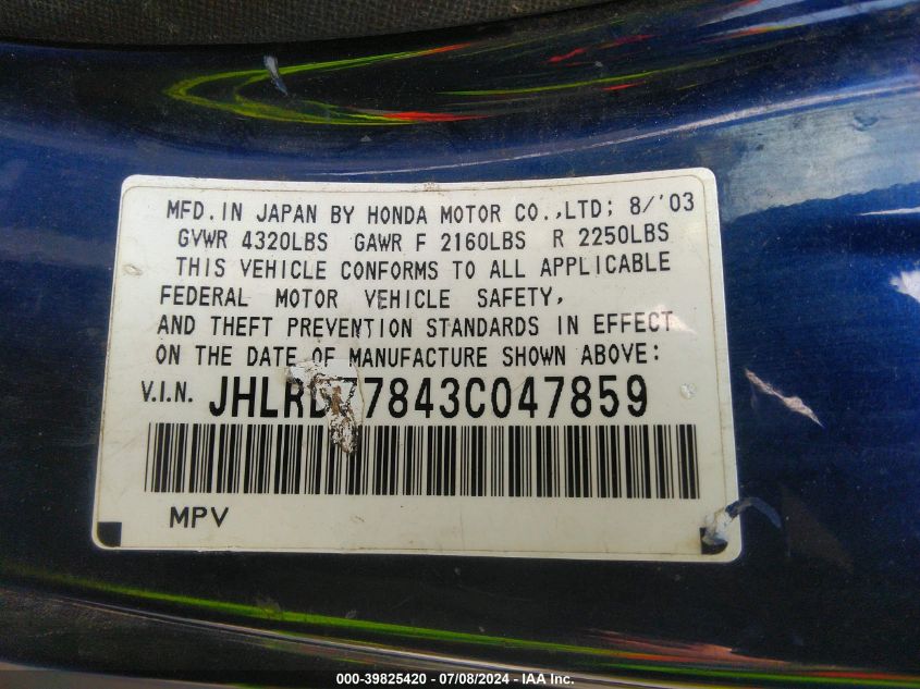 2003 Honda Cr-V Ex VIN: JHLRD77843C047859 Lot: 39825420