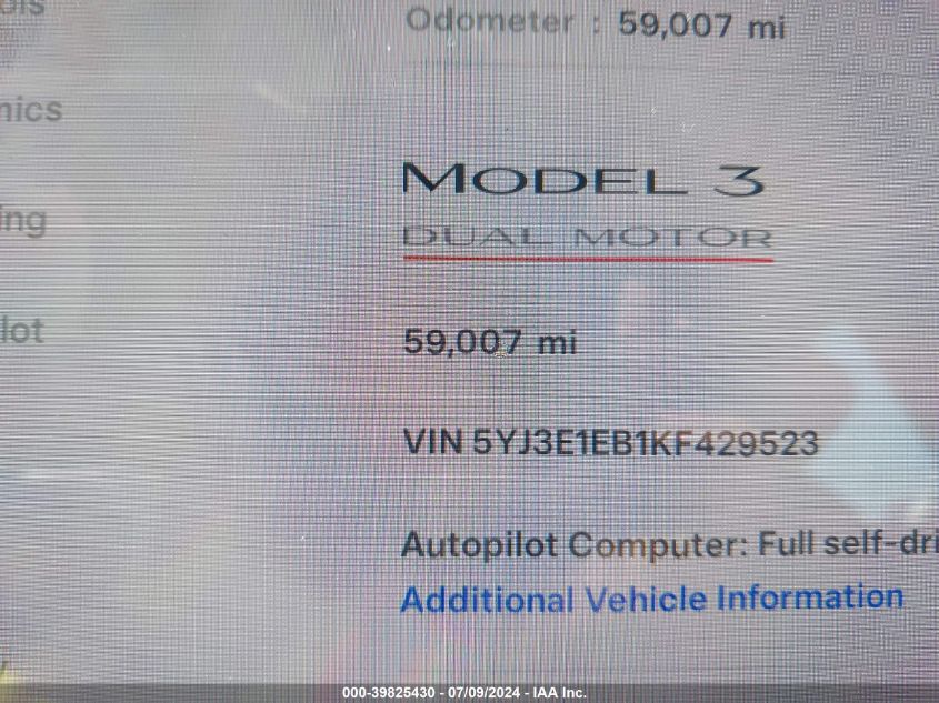 2019 Tesla Model 3 Long Range/Performance VIN: 5YJ3E1EB1KF429523 Lot: 39825430