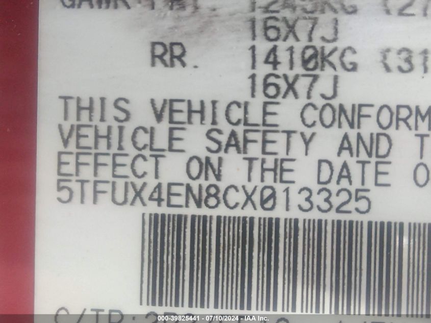 2012 Toyota Tacoma VIN: 5TFUX4EN8CX013325 Lot: 39825441