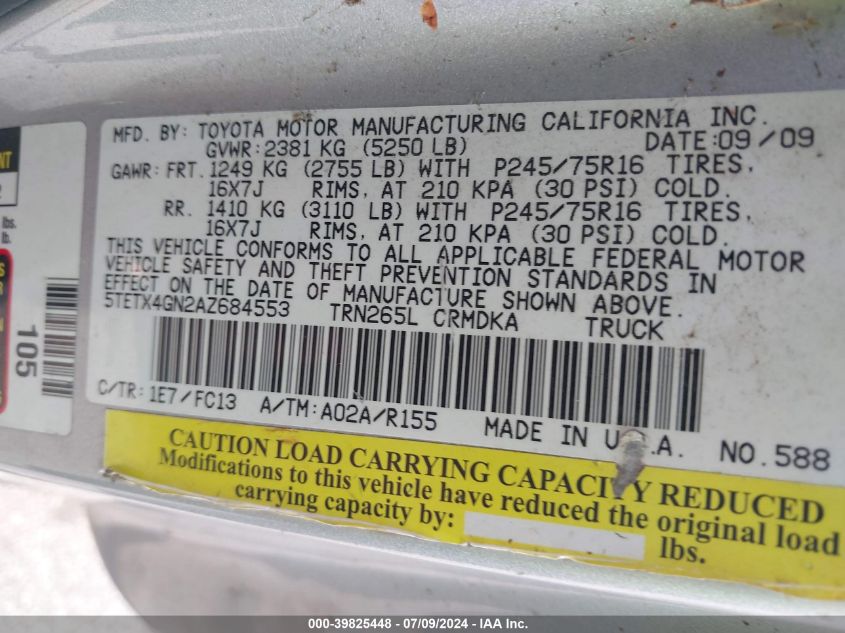 2010 Toyota Tacoma Prerunner VIN: 5TETX4GN2AZ684553 Lot: 39825448