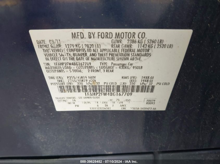 2011 Ford Taurus Limited VIN: 1FAHP2FW4BG167709 Lot: 39825452