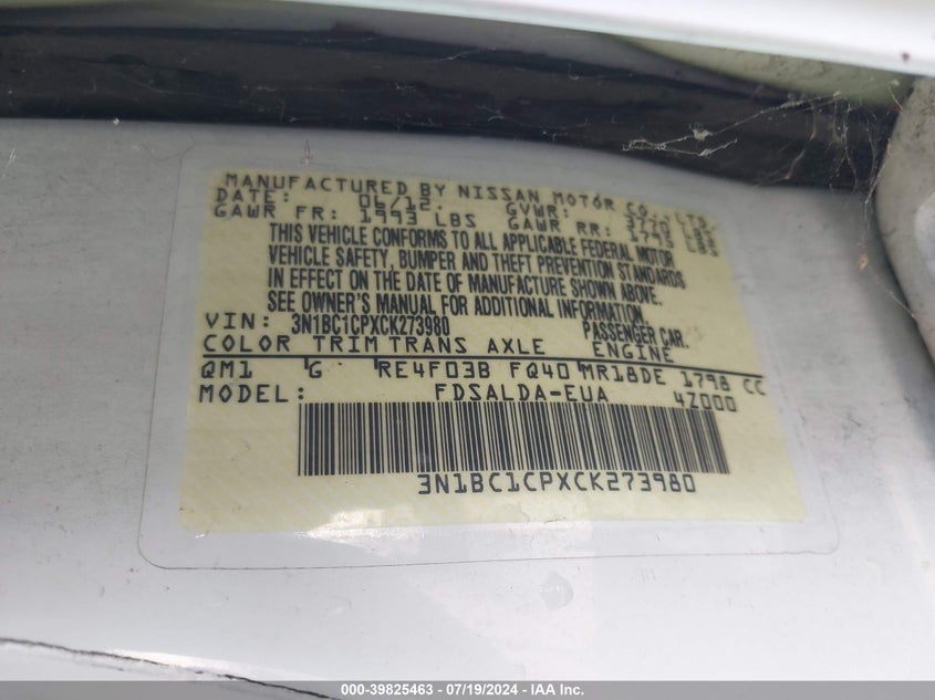 2012 Nissan Versa 1.8 S VIN: 3N1BC1CPXCK273980 Lot: 39825463