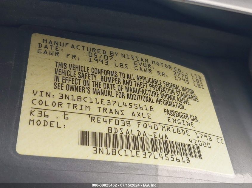 2007 Nissan Versa 1.8S VIN: 3N1BC11E37L455618 Lot: 39825462