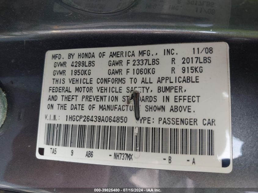 2009 Honda Accord 2.4 Lx-P VIN: 1HGCP26439A064850 Lot: 39825480