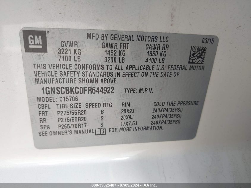 2015 Chevrolet Tahoe C1500 Lt VIN: 1GNSCBKC0FR644922 Lot: 39825487