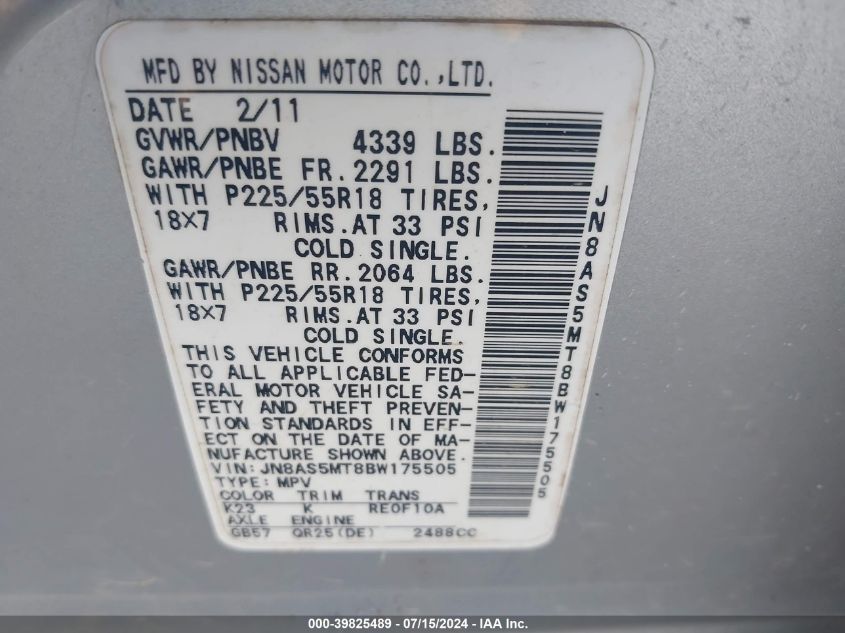 2011 Nissan Rogue Sv VIN: JN8AS5MT8BW175505 Lot: 39825489