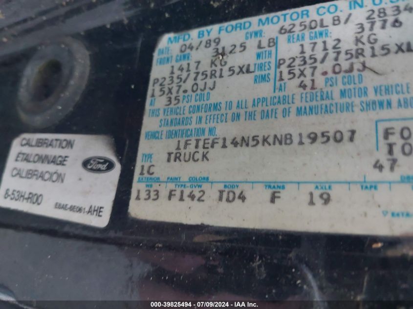 1989 Ford F150 VIN: 1FTEF14N5KNB19507 Lot: 39825494