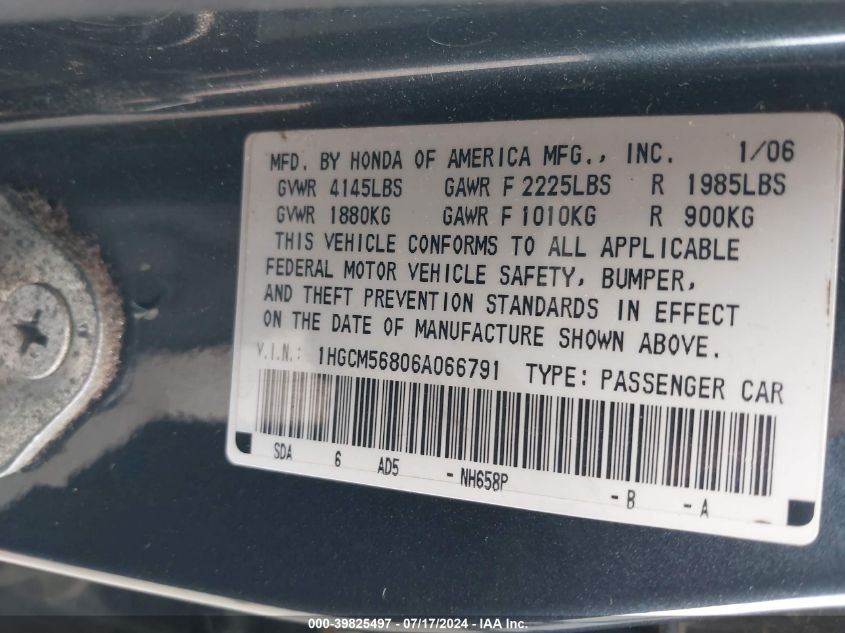 2006 Honda Accord Ex VIN: 1HGCM56806A066791 Lot: 39825497