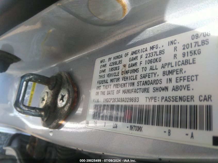 2009 Honda Accord 2.4 Lx VIN: 1HGCP26349A029693 Lot: 39825499