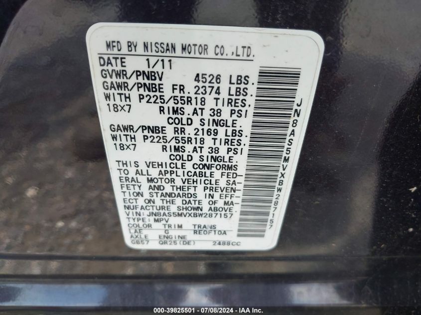 2011 Nissan Rogue Sv VIN: JN8AS5MVXBW287157 Lot: 39825501