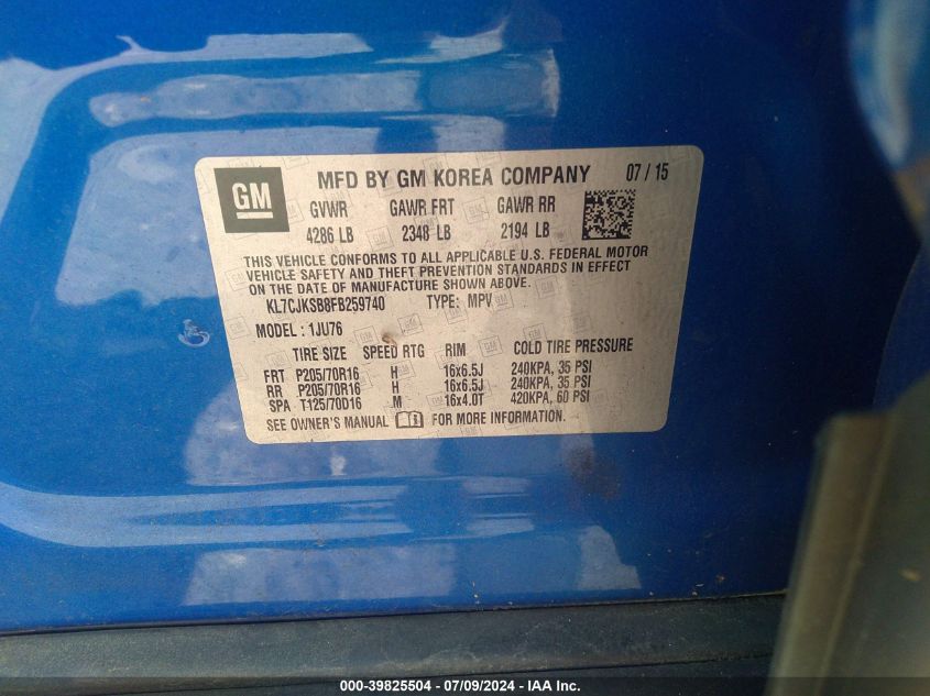 2015 Chevrolet Trax 1Ls VIN: KL7CJKSB8FB259740 Lot: 39825504