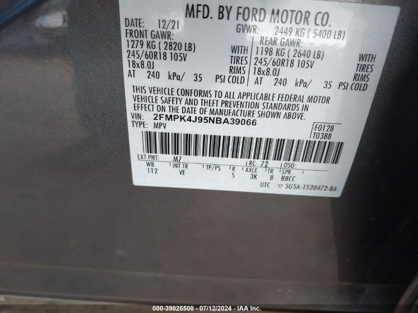 2022 Ford Edge Sel VIN: 2FMPK4J95NBA39066 Lot: 39825508