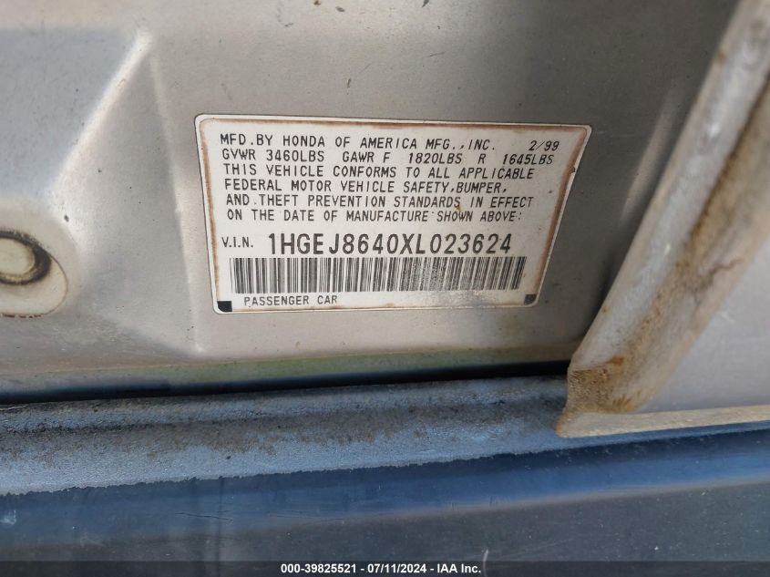 1999 Honda Civic Ex VIN: 1HGEJ8640XL023624 Lot: 39825521