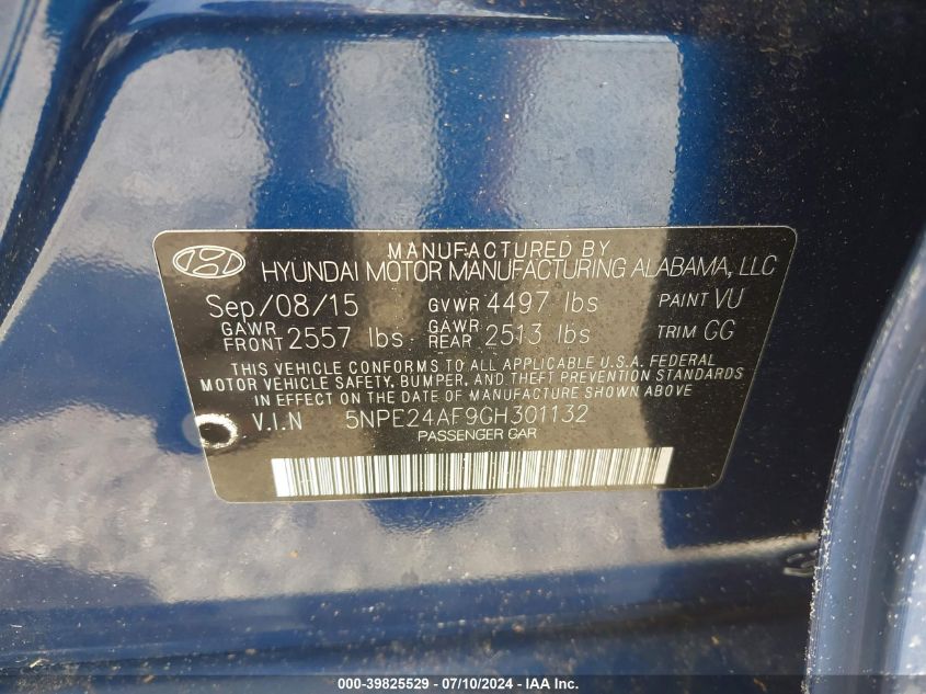 2016 Hyundai Sonata Se VIN: 5NPE24AF9GH301132 Lot: 39825529