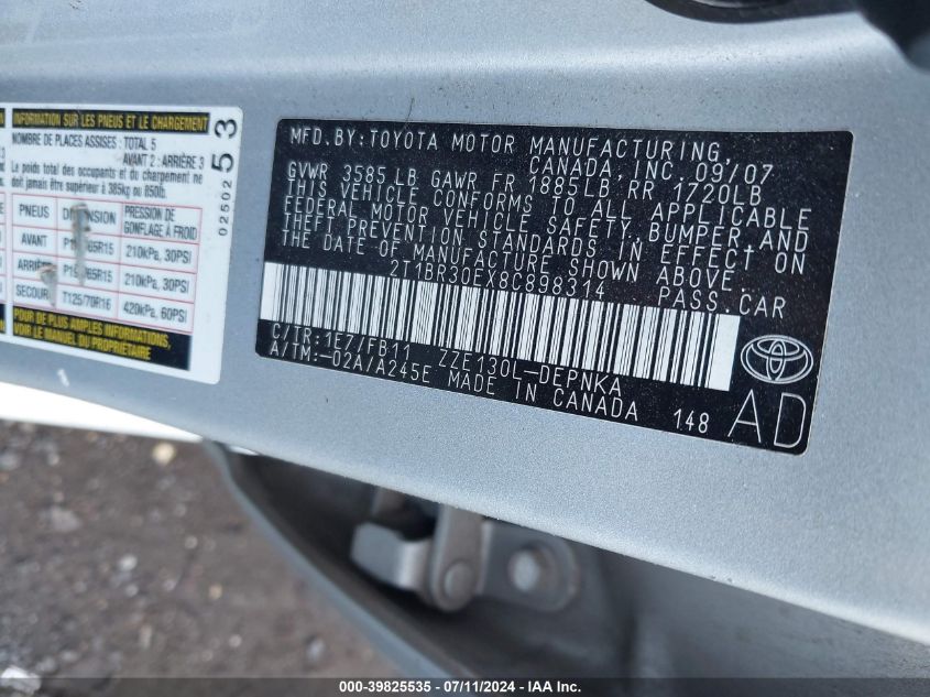 2008 Toyota Corolla Le VIN: 2T1BR30EX8C898314 Lot: 39825535