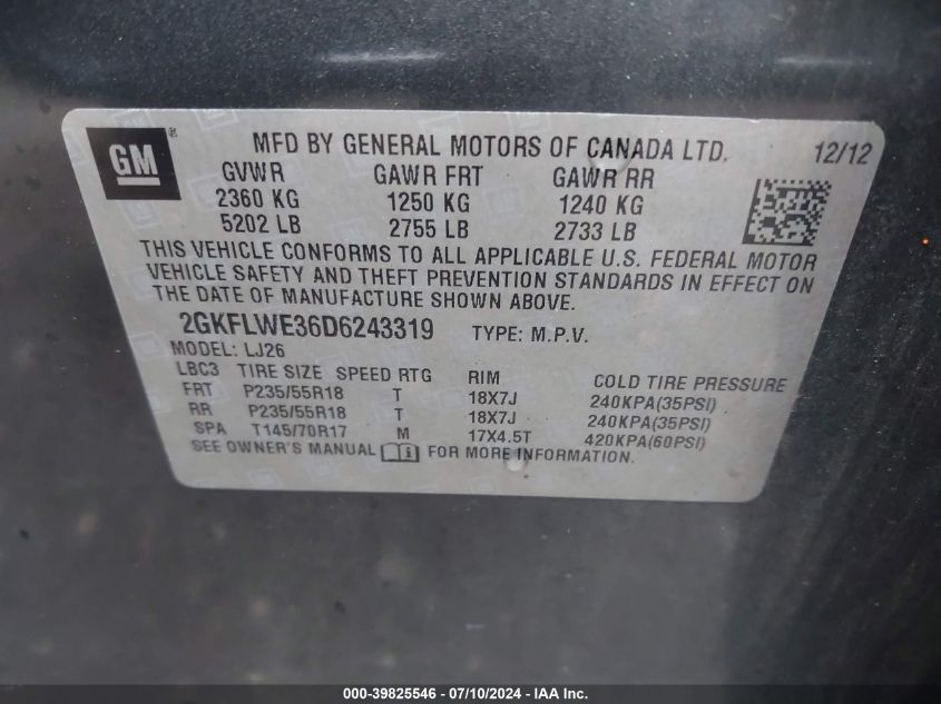 2013 GMC Terrain Slt-2 VIN: 2GKFLWE36D6243319 Lot: 39825546