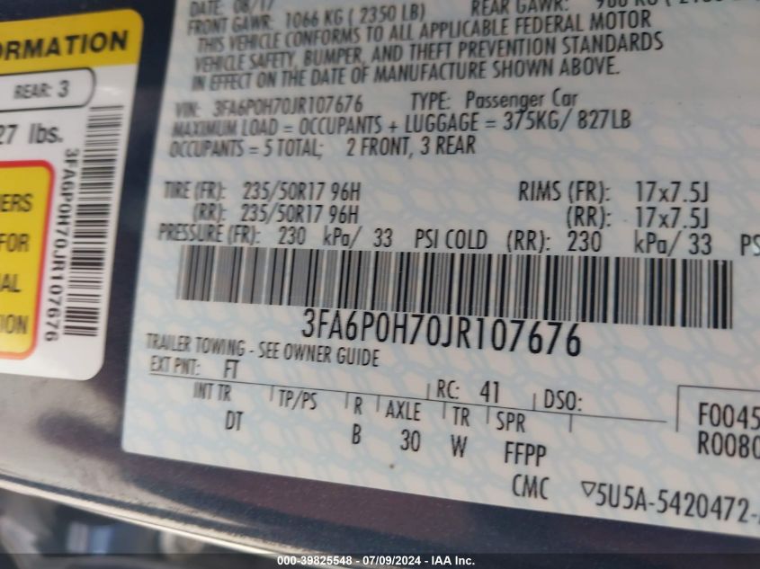 2018 Ford Fusion Se VIN: 3FA6P0H70JR107676 Lot: 39825548