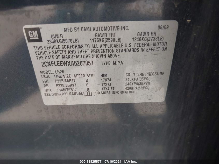 2010 Chevrolet Equinox Lt VIN: 2CNFLEEWXA6207057 Lot: 39825577