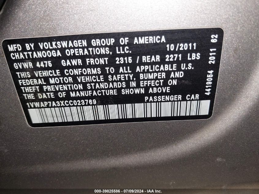 2012 Volkswagen Passat 2.5L S VIN: 1VWAP7A3XCC023769 Lot: 39825586