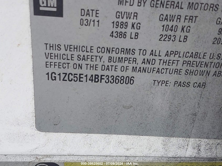 2011 Chevrolet Malibu 1Lt VIN: 1G1ZC5E14BF336806 Lot: 39825602