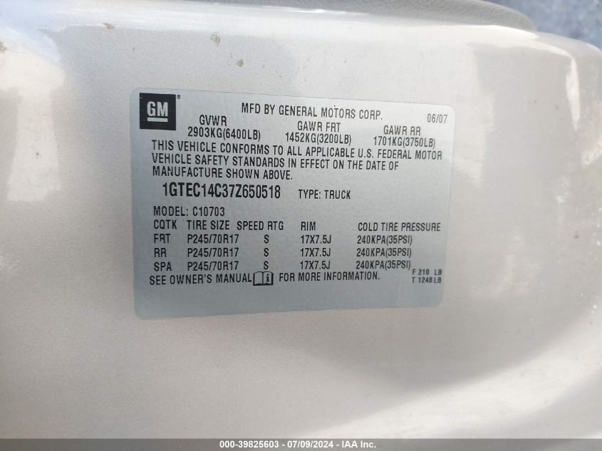 2007 GMC New Sierra C1500 VIN: 1GTEC14C37Z650518 Lot: 39825603