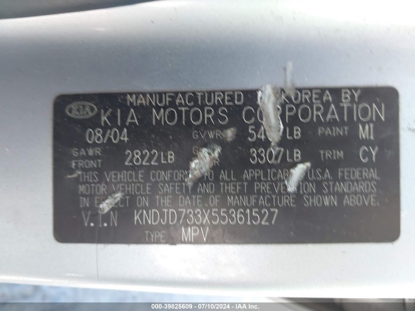 2005 Kia Sorento Ex/Lx VIN: KNDJD733X55361527 Lot: 39825609