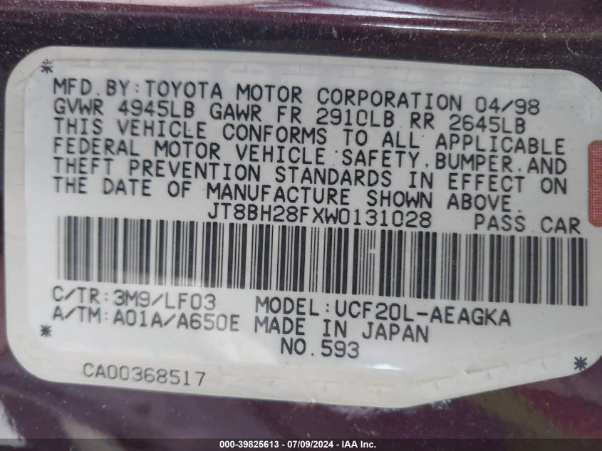 1998 Lexus Ls 400 VIN: JT8BH28FXW0131028 Lot: 39825613