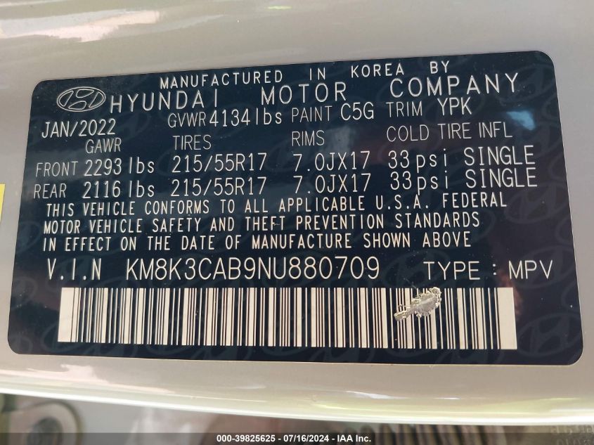 2022 Hyundai Kona Sel VIN: KM8K3CAB9NU880709 Lot: 39825625