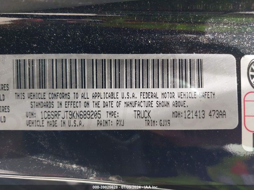 2019 Ram 1500 Laramie 4X4 5'7 Box VIN: 1C6SRFJT9KN689205 Lot: 39825628