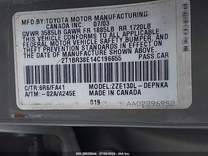 2004 Toyota Corolla Le VIN: 2T1BR38E14C196655 Lot: 39825644