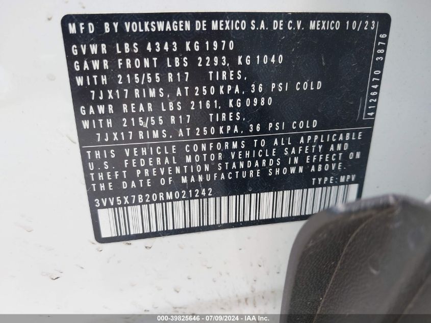 2024 Volkswagen Taos 1.5T S VIN: 3VV5X7B20RM021242 Lot: 39825646