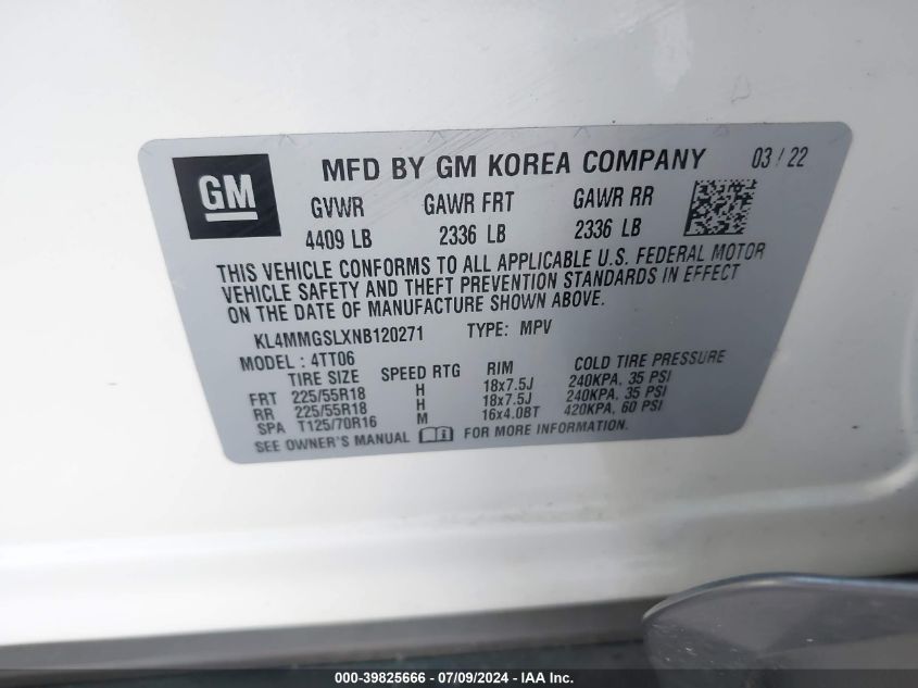 2022 Buick Encore Gx Essence VIN: KL4MMGSLXNB120271 Lot: 39825666