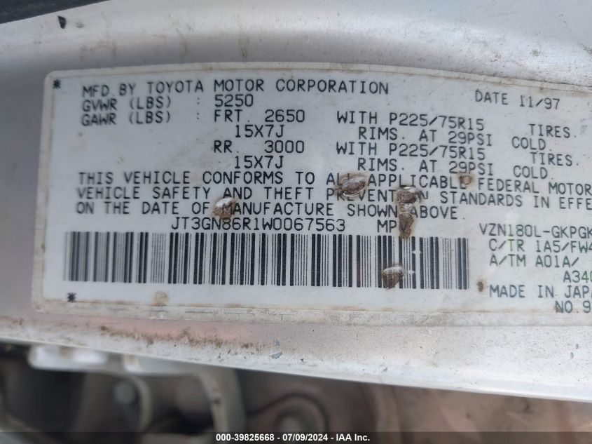 1998 Toyota 4Runner Sr5 V6 VIN: JT3GN86R1W0067563 Lot: 39825668