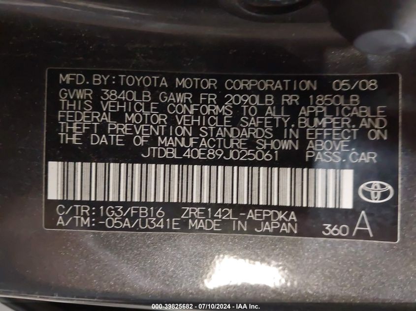 2009 Toyota Corolla Le VIN: JTDBL40E89J025061 Lot: 39825682