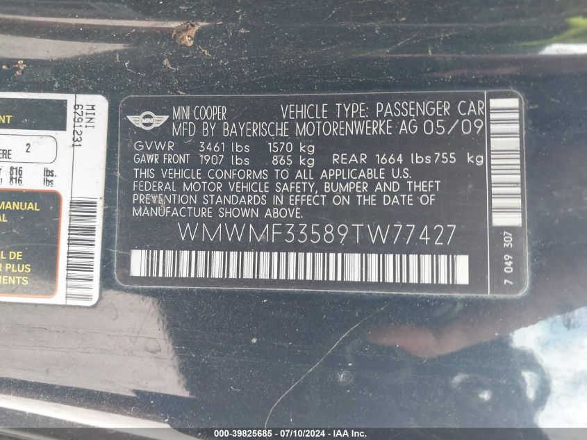 2009 Mini Cooper VIN: WMWMF33589TW77427 Lot: 39825685