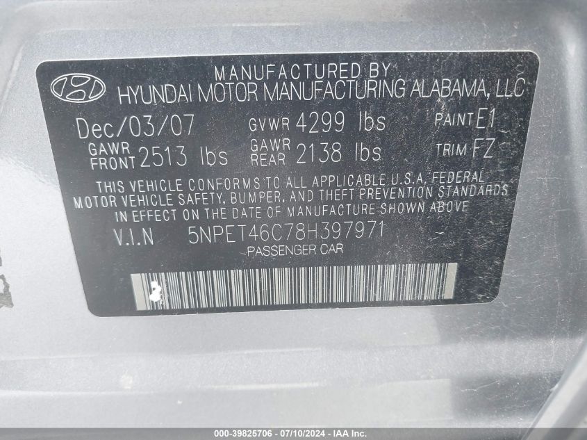 2008 Hyundai Sonata Gls VIN: 5NPET46C78H397971 Lot: 39825706
