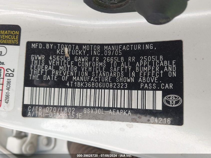 2006 Toyota Avalon Limited VIN: 4T1BK36B06U082323 Lot: 39825720