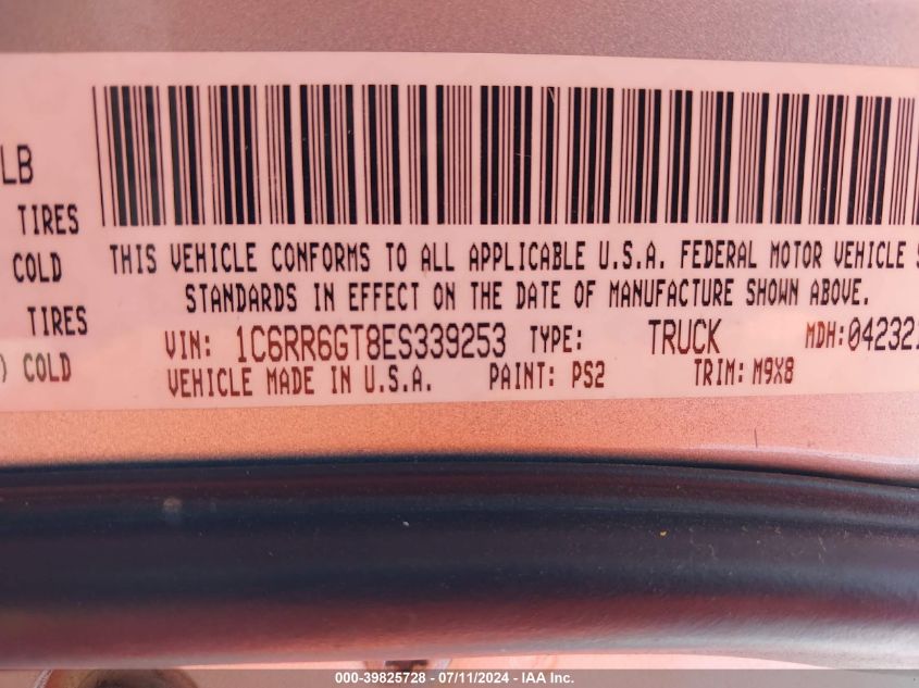 2014 Ram 1500 Big Horn VIN: 1C6RR6GT8ES339253 Lot: 39825728