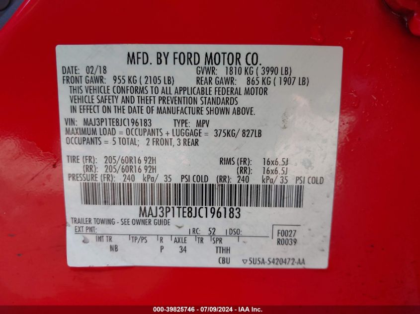 2018 Ford Ecosport Se VIN: MAJ3P1TE8JC196183 Lot: 39825746