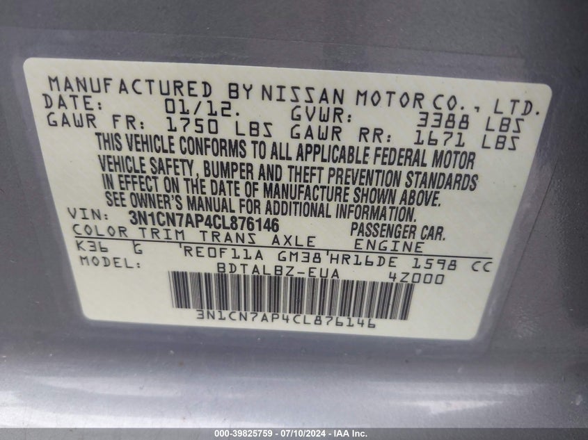 2012 Nissan Versa S/Sv/Sl VIN: 3N1CN7AP4CL876146 Lot: 39825759