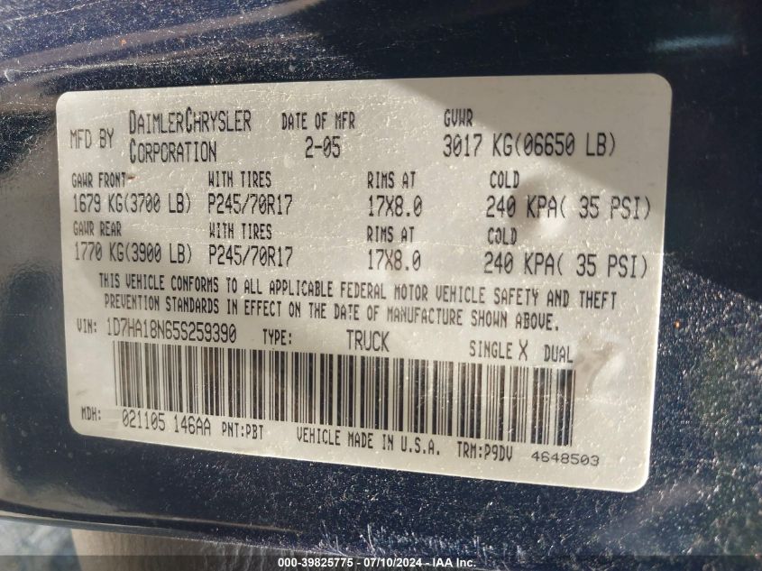 2005 Dodge Ram 1500 St VIN: 1D7HA18N65S259390 Lot: 39825775